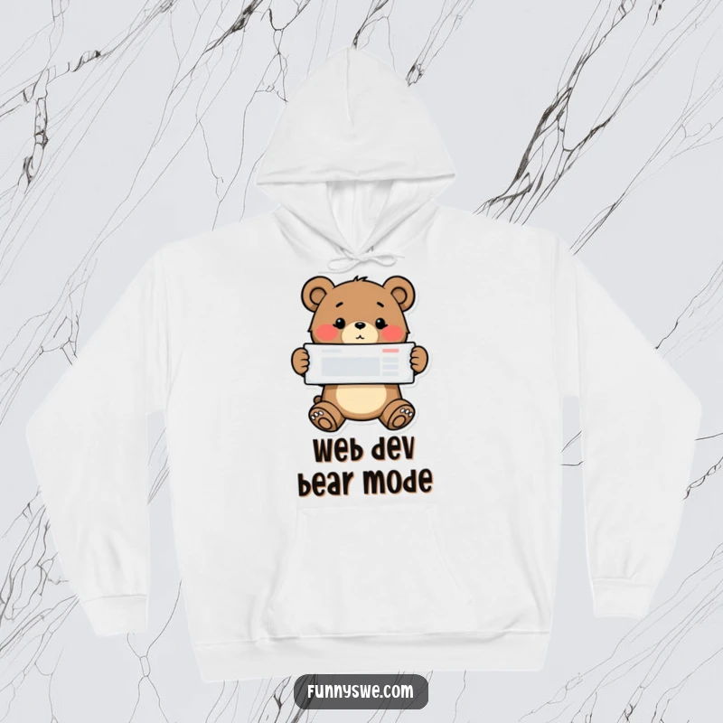 Funny bear web designer hoodie, a determined bear proudly displaying a successful website layout, cozy and motivational.