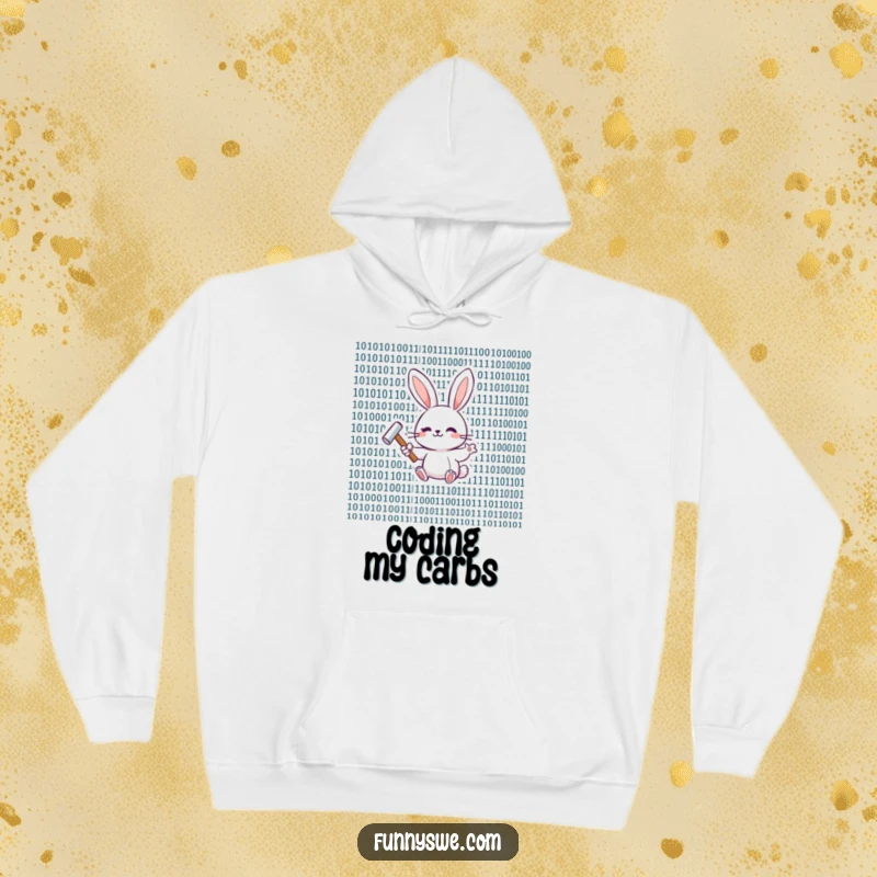 Funny happy bunny with a tiny hammer, working on binary code, featured on a warm hoodie.