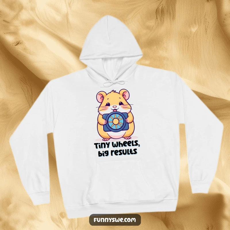Funny hamster hoodie design of a happy rodent optimizing a website with a tiny spinner, offering warm, humorous tech vibes.
