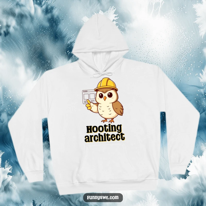 Funny cheerful owl wearing a hard hat, confidently pointing at a website wireframe on a hoodie.