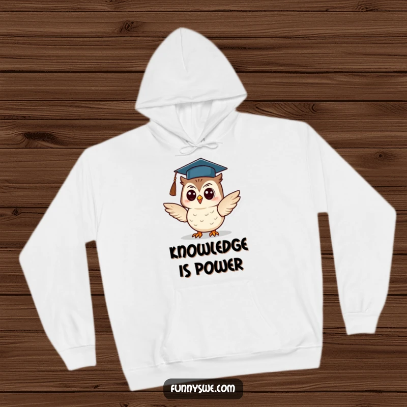 Funny Owl Hoodie: A cheerful owl with a graduation cap confidently gives a presentation, symbolizing wisdom and celebration, ideal funny gift.