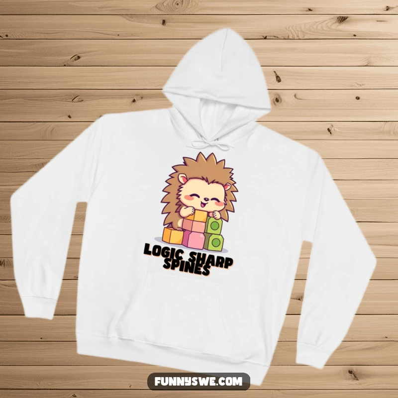 Funny happy hedgehog character stacking hexagonal code blocks, featured on a cozy hoodie.