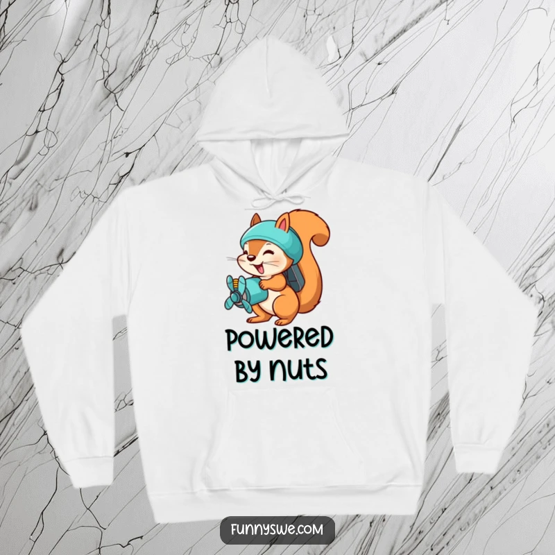 Funny squirrel uploader hoodie, a busy squirrel with a propeller pack, uploading files quickly, cozy and efficient design.
