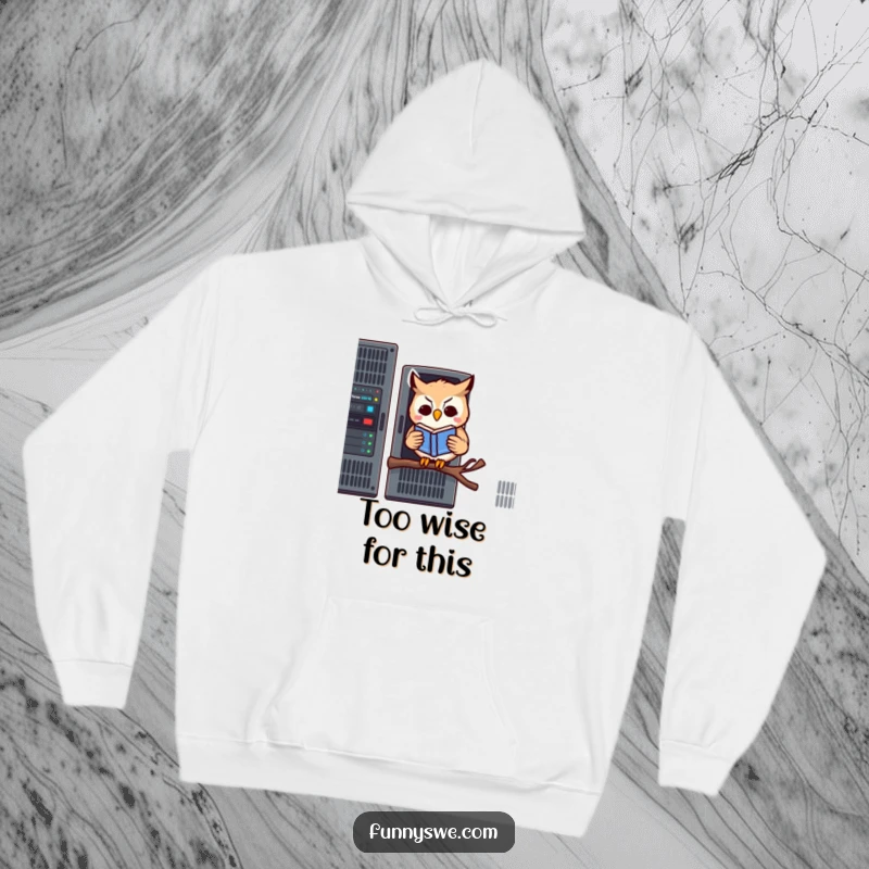 Funny hoodie featuring a kawaii owl reading a book on a server rack, providing warm, tech-themed comfort and humor.