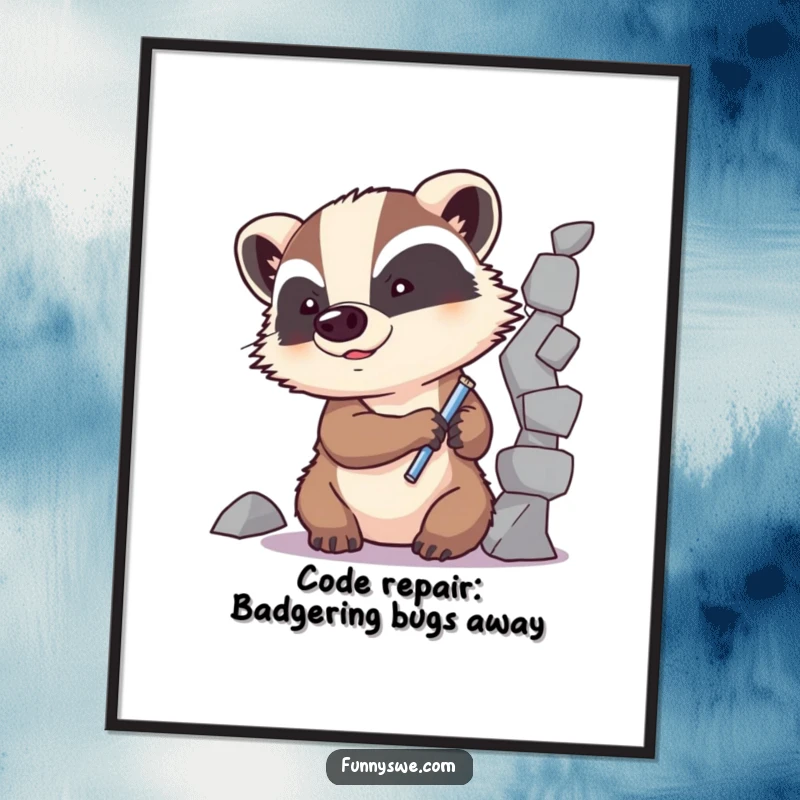 Funny free printable wall art: determined badger character focused on fixing a broken computer code element.