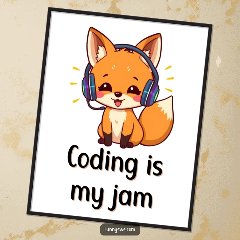 Funny free printable wall art: An excited fox wearing headphones is coding with brightly colored lines, cool downloadable art.