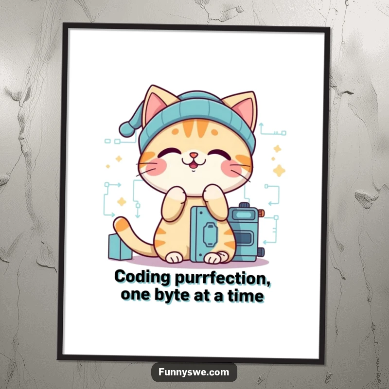 Funny free printable wall art of a giggling cat in a beanie, focused on building digital.