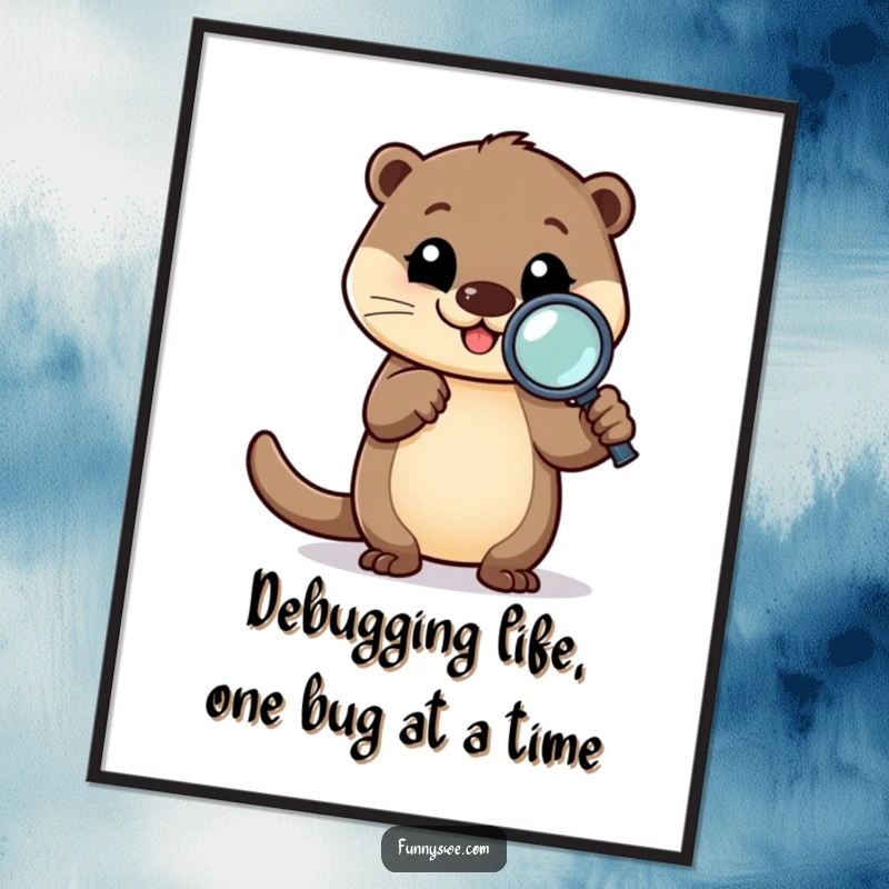 Funny Free Printable Wall Art: Happy otter character intently debugging code with a magnifying glass, perfect for offices.