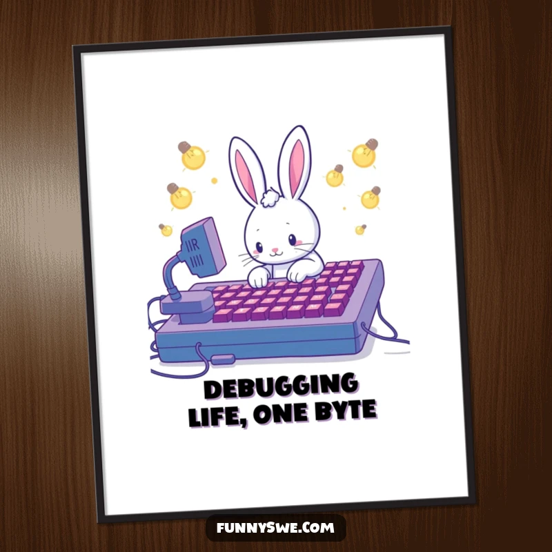 Funny Free Printable Wall Art: A Kawaii rabbit coder works diligently on a giant keyboard, lightbulbs signaling brilliant code.