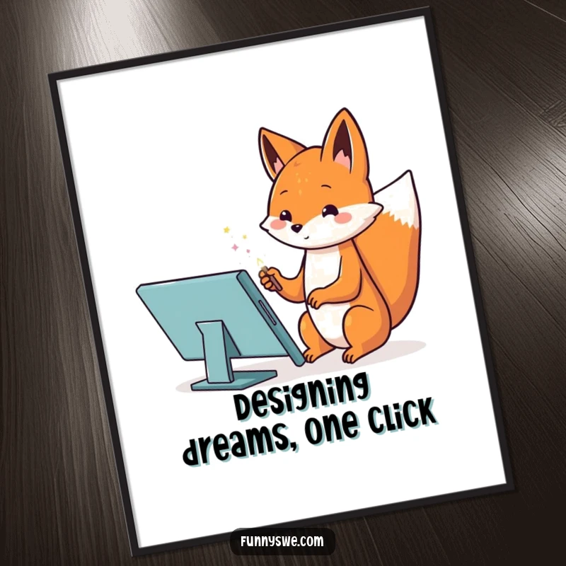 Funny Free Printable Wall Art: A Kawaii fox web designer magically creates a website on a tablet, a whimsical piece.