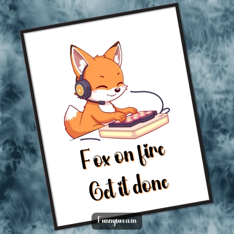 Funny Free Printable Wall Art: A cute fox in a headset furiously types on a vibrant glowing keyboard, capturing the essence of intense focus.