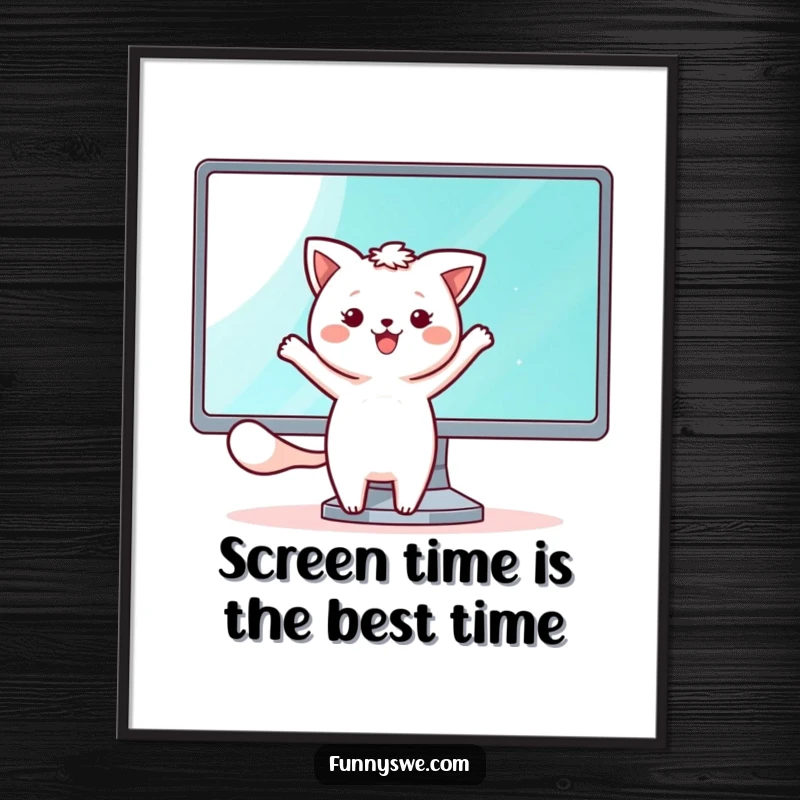 Funny Free Printable Kawaii Gamer Wall Art: A kawaii animal dancing happily beside a shining monitor screen, full of joy.