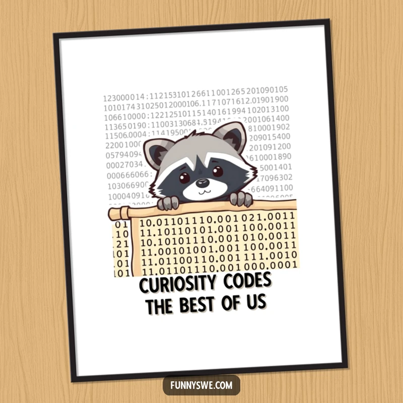 Funny free printable wall art featuring a curious raccoon peeking over a wall of scrolling code.