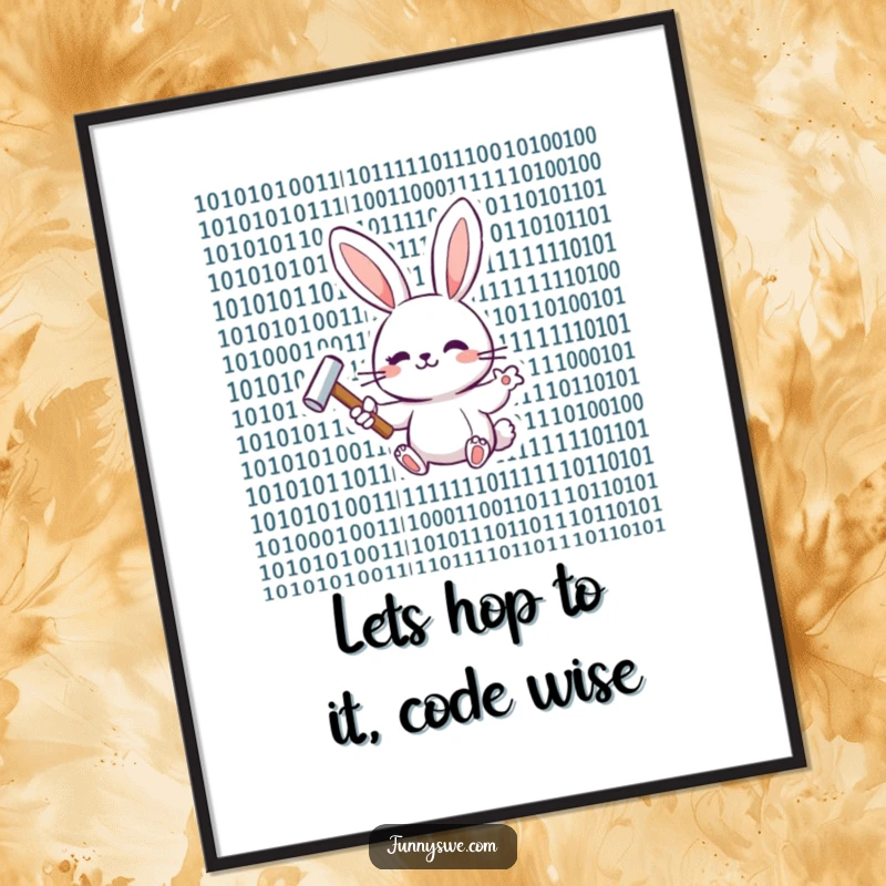 Funny Free Printable Wall Art: A happy bunny with a hammer, playfully tapping binary code, representing tech humor.