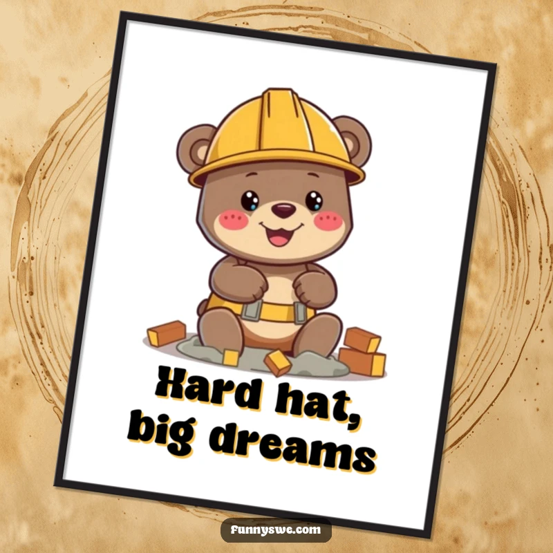 Funny Free Printable Wall Art: Cheerful bear in hard hat humorously building a virtual structure, adding smiles to any room.