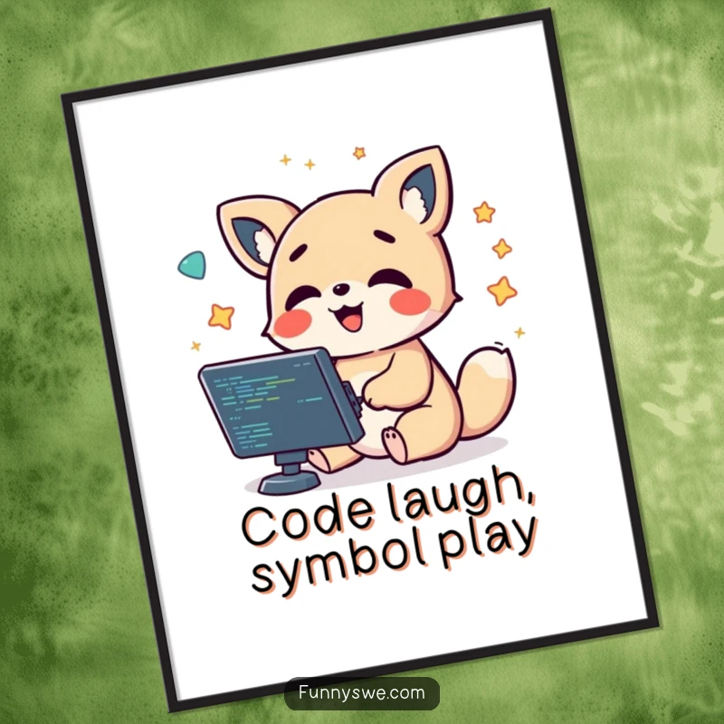 Funny Free Printable Wall Art: A kawaii animal character giggling while debugging code, surrounded by floating symbols, a humorous tech masterpiece.