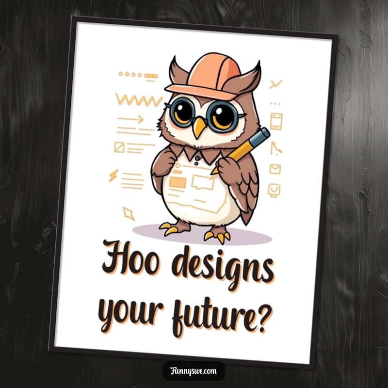 Funny Free Printable Wall Art of a Kawaii owl architect meticulously drawing a website layout with a glowing stylus, symbolizing innovation.