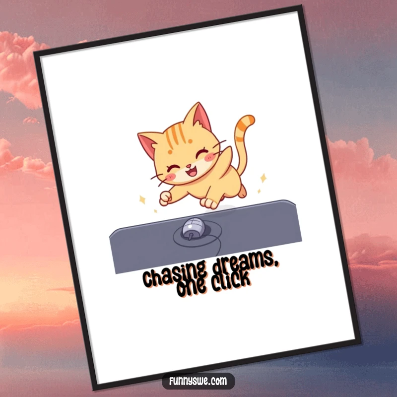 Funny Free Printable Wall Art: An energetic cat character playfully chases a computer mouse cursor across a glowing digital screen.