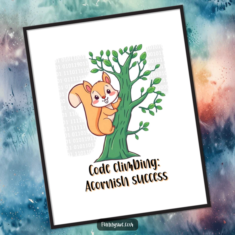 Funny free printable wall art: energetic squirrel character joyfully climbing a tree made of binary code.