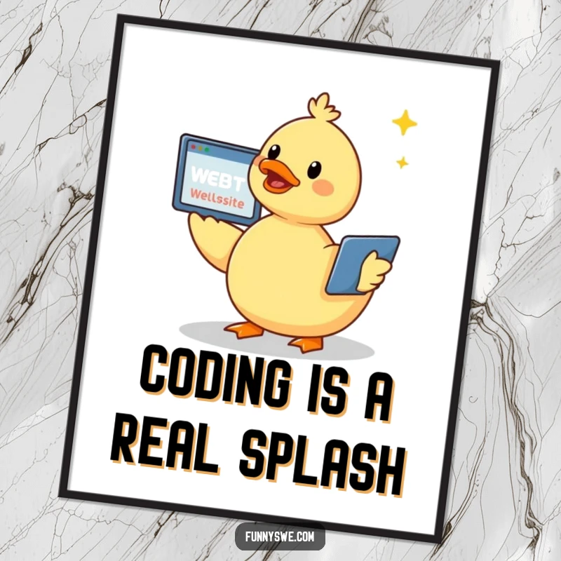 Funny Free Printable Wall Art: A Kawaii duck gleefully constructs a website with a flying screen, bringing digital joy.