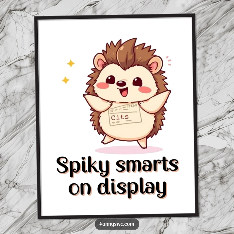 Funny Free Printable Wall Art: A Kawaii hedgehog joyfully dances while displaying complex website code with a confident flourish.
