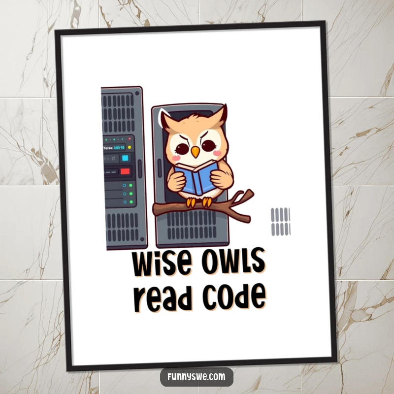 Funny free printable wall art of a kawaii owl perched on a server rack, engrossed in a book, celebrating knowledge.