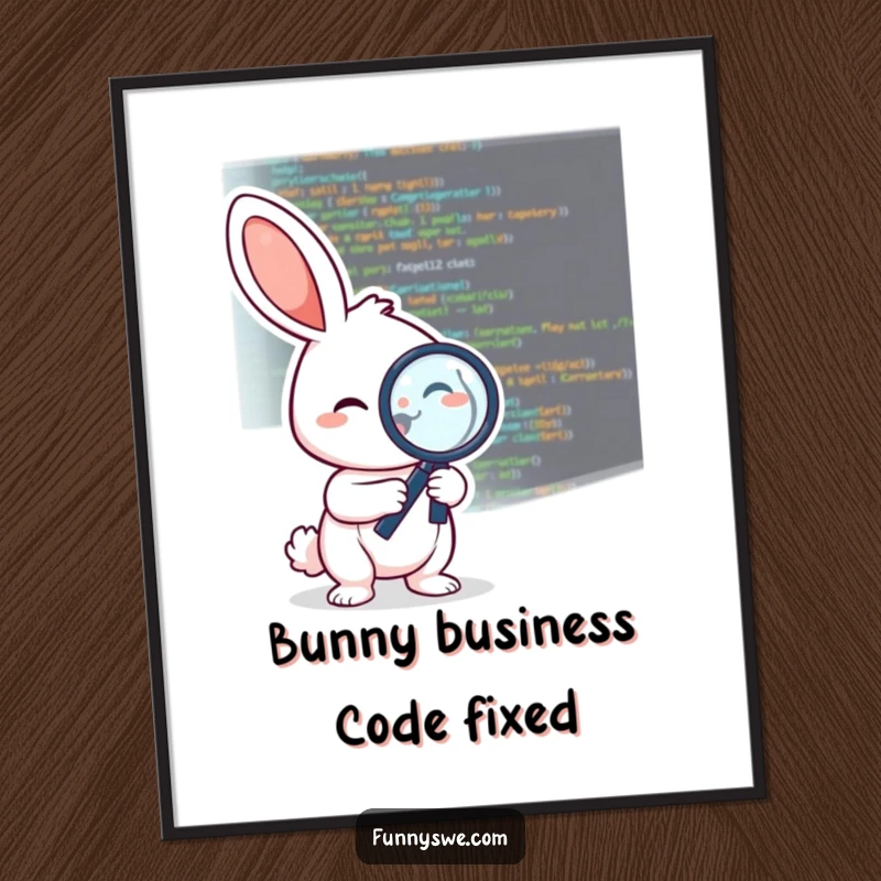Funny Free Printable Wall Art: A cheerful rabbit intently examines computer code with a large magnifying glass, symbolizing meticulous debugging.