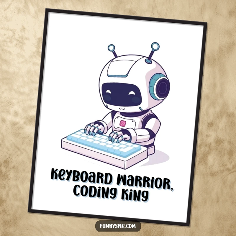 Funny Free Printable Wall Art: A kawaii robot animal happily typing on a glowing keyboard, a humorous tech-themed masterpiece.