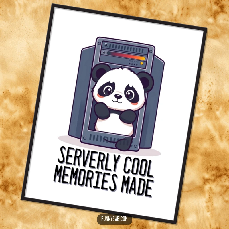 Funny Free Printable Panda Wall Art: Curious panda peeking from a giant server rack, adding tech humor to downloadable art.