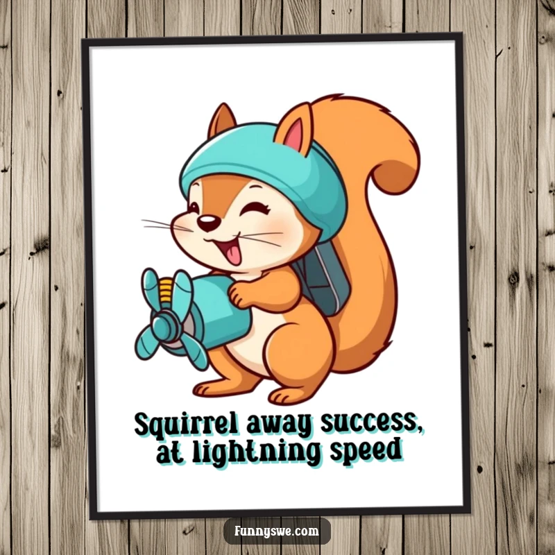 Funny free printable wall art of a busy squirrel uploading files with a propeller pack.