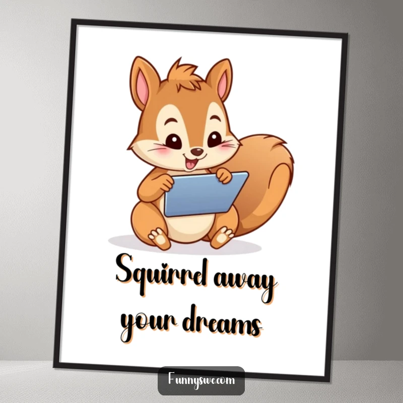 Funny Free Printable Wall Art: A playful squirrel engrossed in designing a website on a tablet, a tech inspiration.