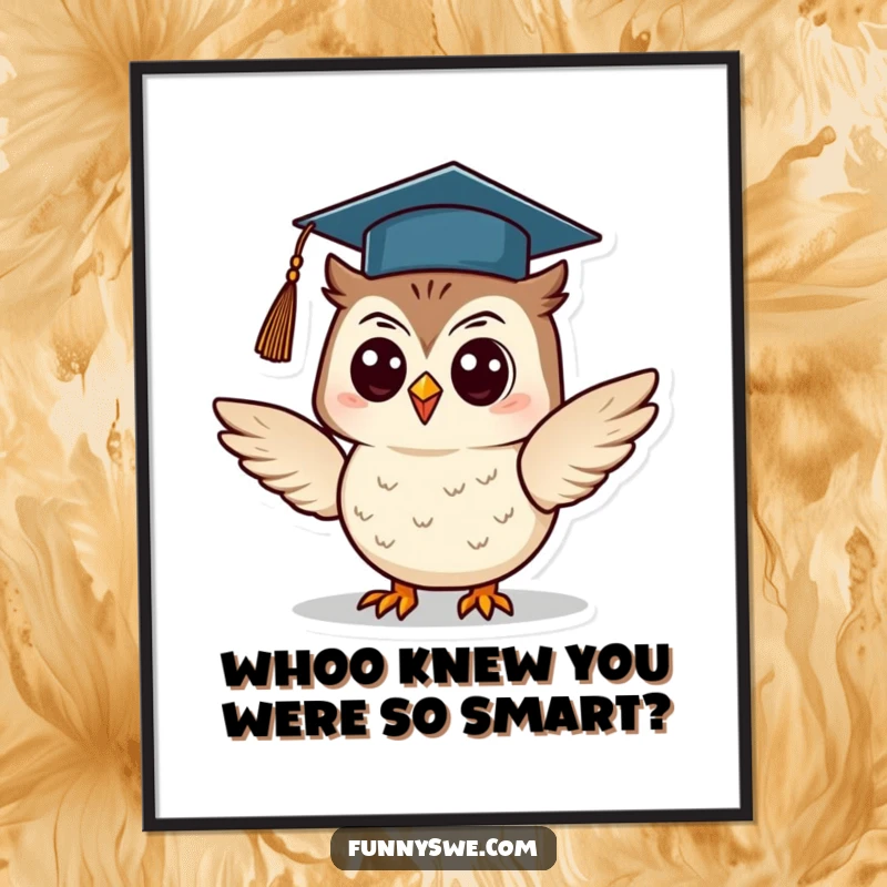 Funny Free Printable Owl Wall Art: A cheerful owl dons a graduation cap and confidently presents information, looking smart.