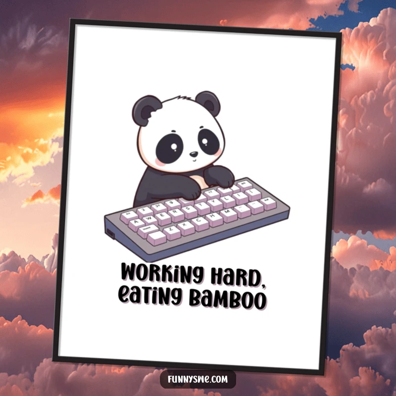 Funny free printable wall art: A cute panda is typing very fast on a giant keyboard, adorable downloadable art.