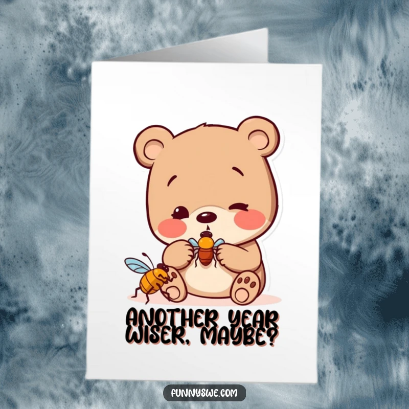 Funny Free Printable Birthday Card featuring a curious bear character playfully examining a digital bug icon with fascination.