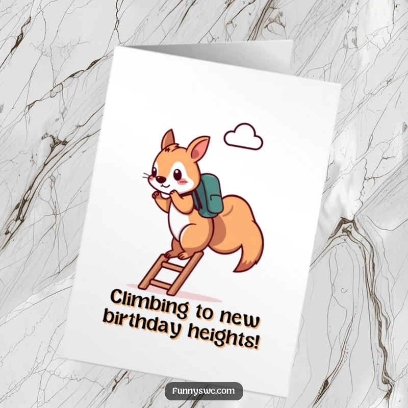 Funny Free Printable Squirrel Birthday Card: A determined squirrel climbs a ladder to a cloud server, celebrating a birthday.
