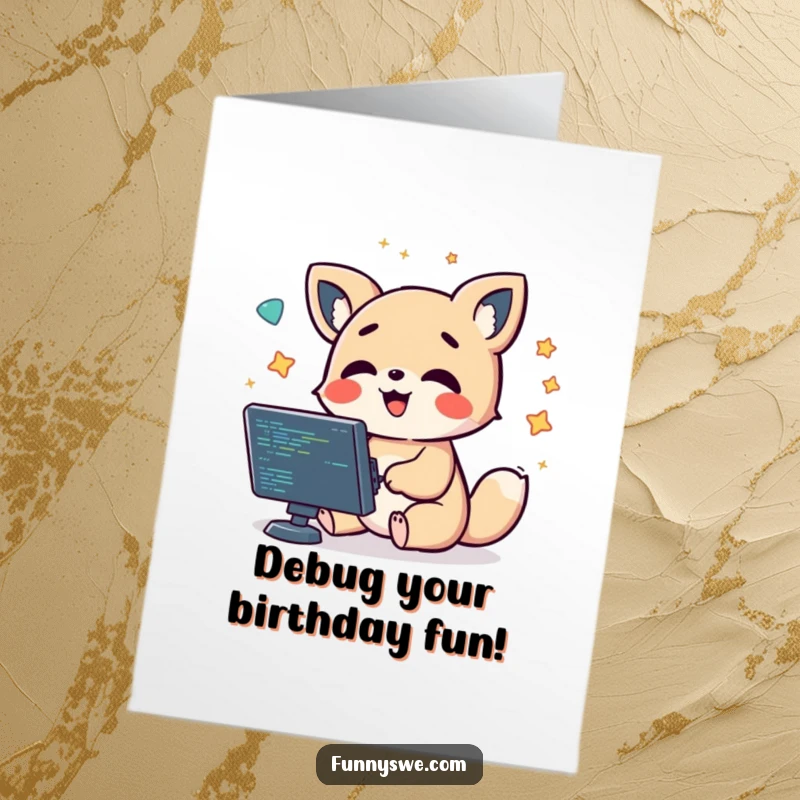 Funny Free Printable Birthday Card of a kawaii animal character giggling while debugging code with floating symbols, a techy celebration.