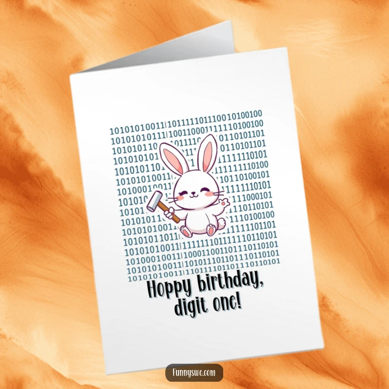 Funny Free Printable Birthday Card: A happy bunny tapping binary code with a tiny hammer, coding happy birthday.