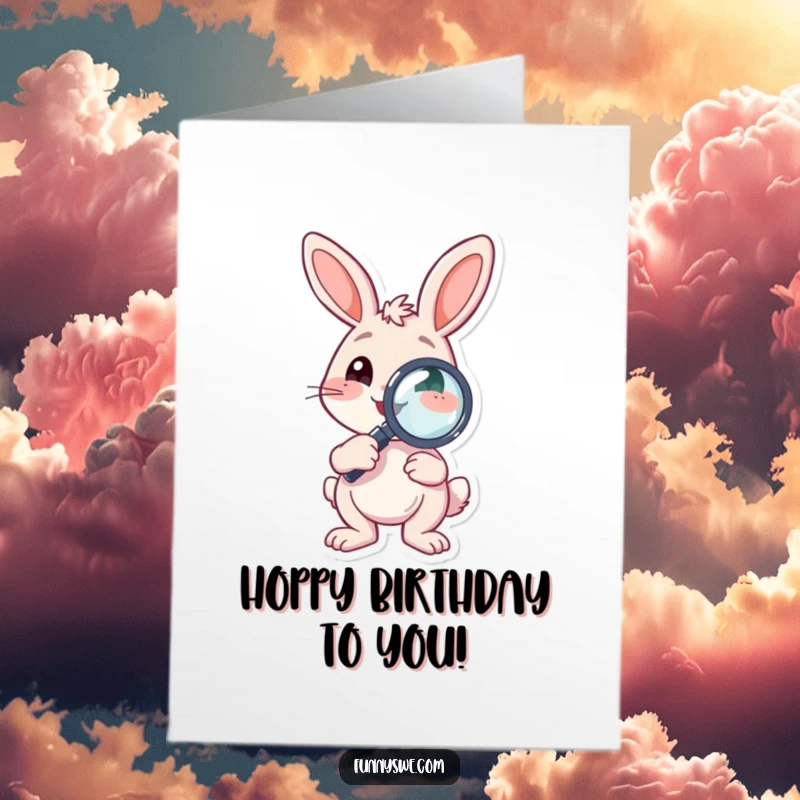 Funny Free Printable Birthday Card: A bouncy bunny character holding a magnifying glass, inspecting for digital bugs.
