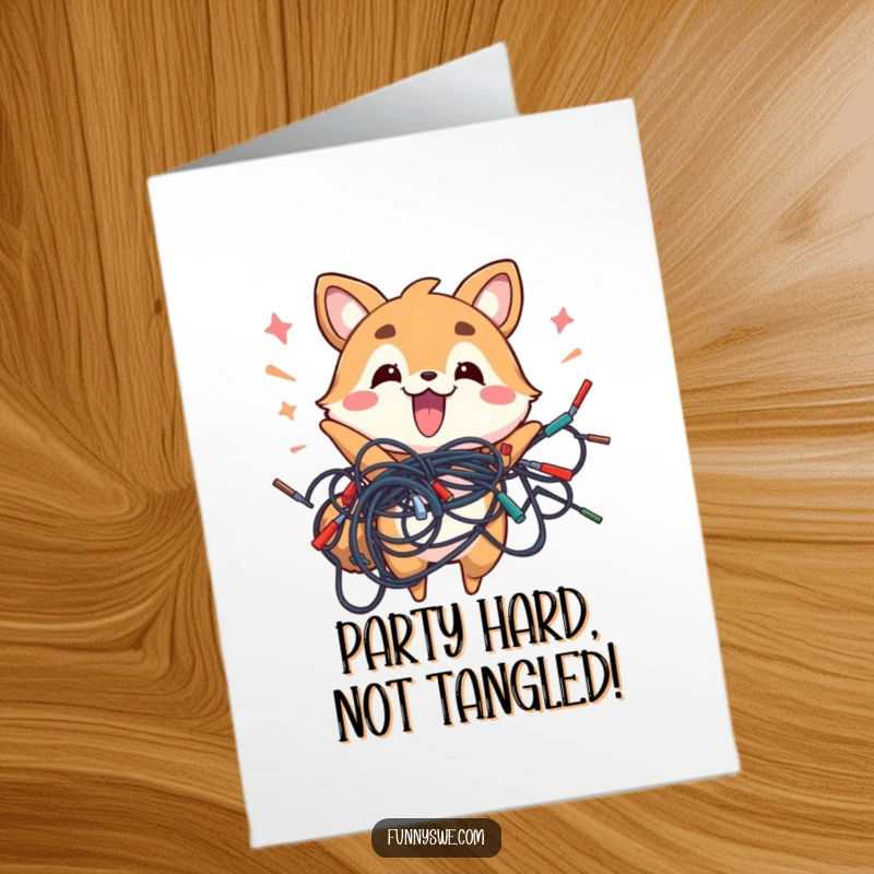 Funny free printable birthday card shows an energetic animal happily holding a tangled mess of electronic wires, a DIY celebration of chaos.