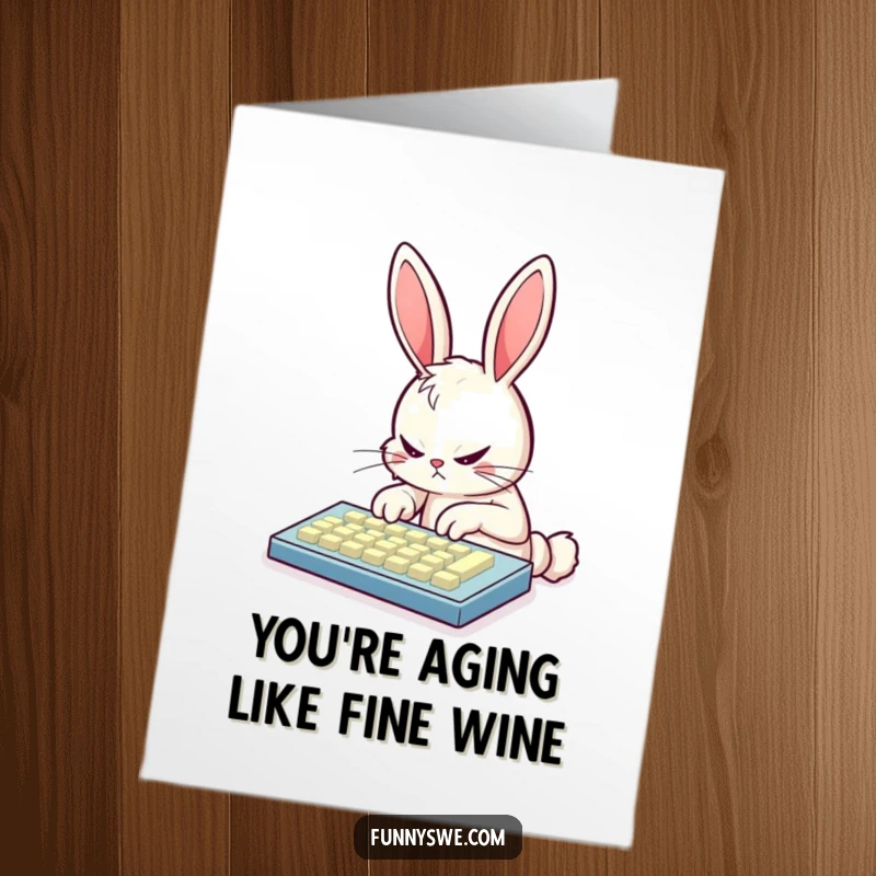 Funny Free Printable Birthday Card of a determined bunny furiously typing on a glowing keyboard, sending digital wishes.
