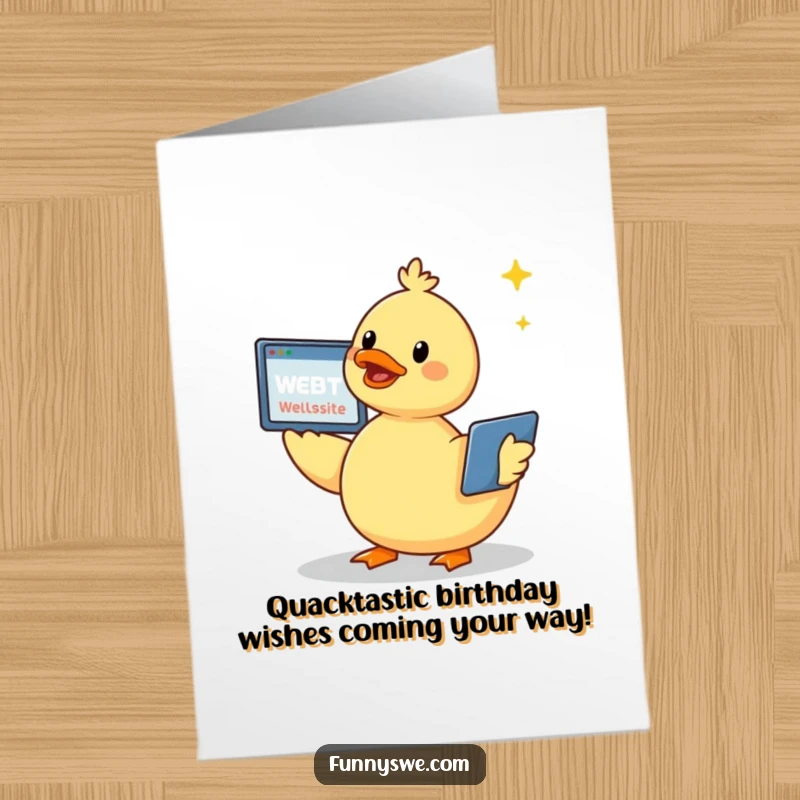 Funny Free Printable Birthday Card: Kawaii duck cheerfully chirps while creating a website with a vibrant, flying screen.