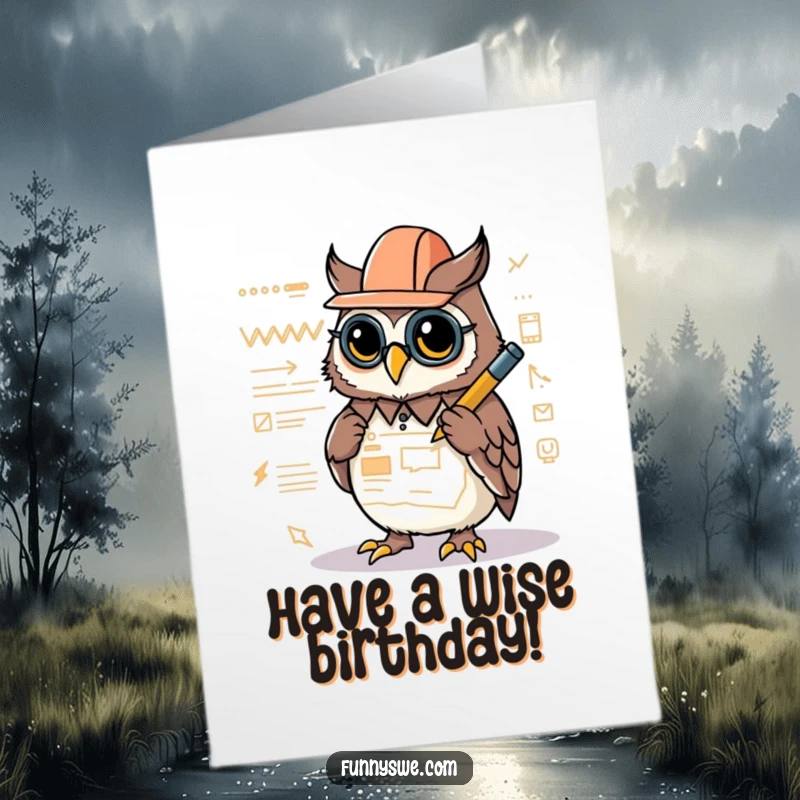 Funny Free Printable Birthday Card featuring a Kawaii owl architect drawing a website layout with a glowing stylus, perfect for creative minds.