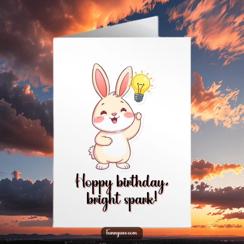 Funny Free Printable Birthday Card: Happy bunny has a glowing lightbulb idea pop up, signifying inspiration.