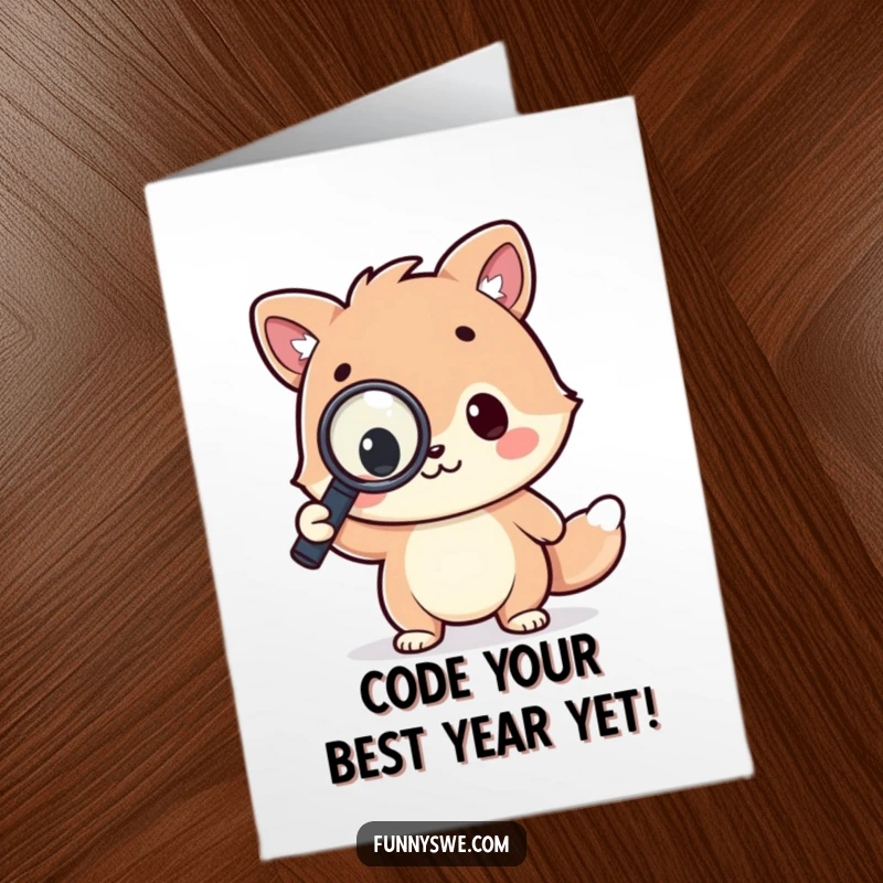 Funny Free Printable Kawaii Coder Card: A cute animal triumphantly holding a magnifying glass over a line of code for birthdays.