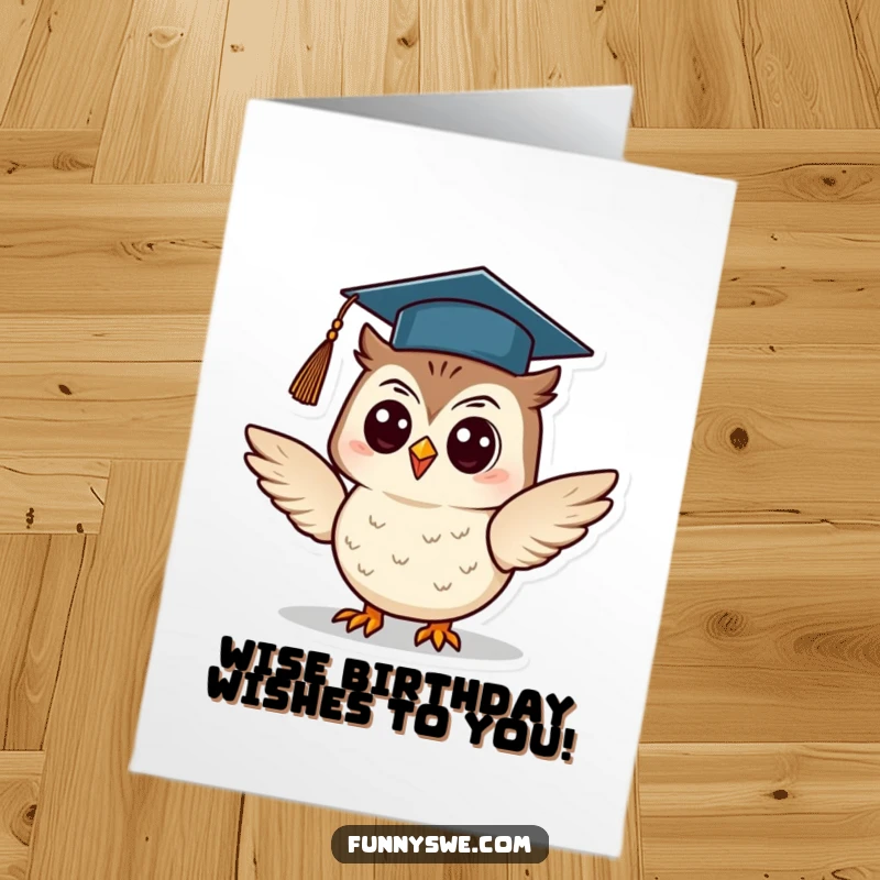 Funny Free Printable Owl Birthday Card: A cheerful owl in a graduation cap confidently presents, celebrating a birthday.