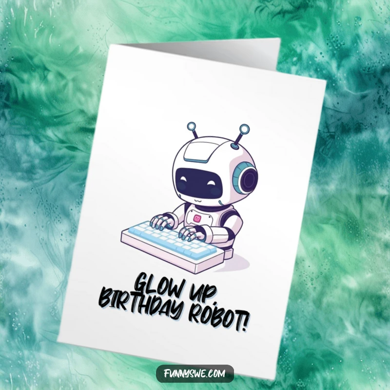 Funny Free Printable Birthday Card of a kawaii robot animal happily typing on a glowing keyboard, a digital delight.