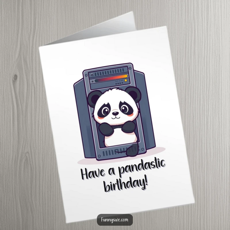Funny Free Printable Panda Birthday Card: Curious panda peeking from behind a giant server rack, adding tech humor to birthdays.