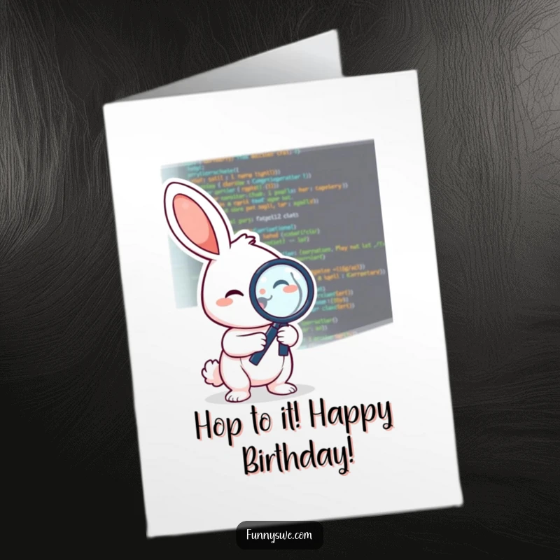Funny Free Printable Birthday Card: A cheerful rabbit holds a magnifying glass to inspect lines of computer code, searching for bugs.
