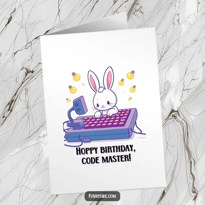 Funny Free Printable Birthday Card: A cute Kawaii rabbit coder types rapidly on a huge keyboard, lightbulbs illustrating ideas.