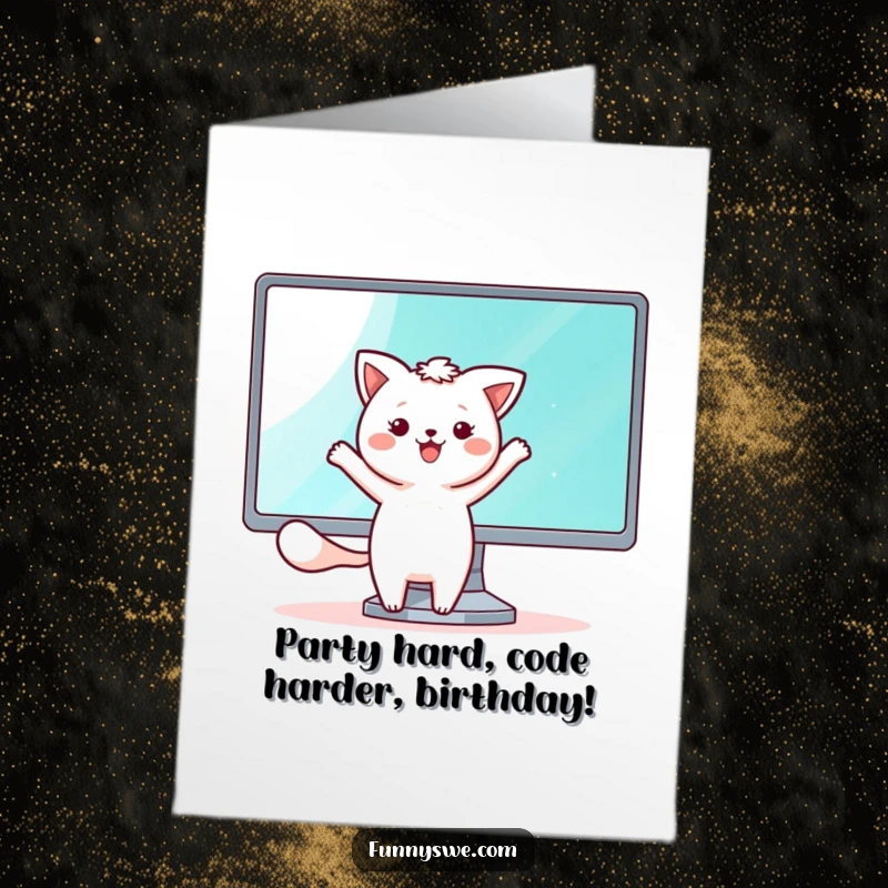 Funny Free Printable Kawaii Gamer Card: A happy animal dancing beside a shining monitor screen for birthdays.